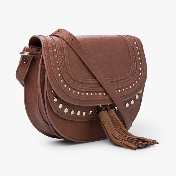 Mango Handbags - BOHO BROWN FRINGE STUDDED SLING CROSSBODY BAG